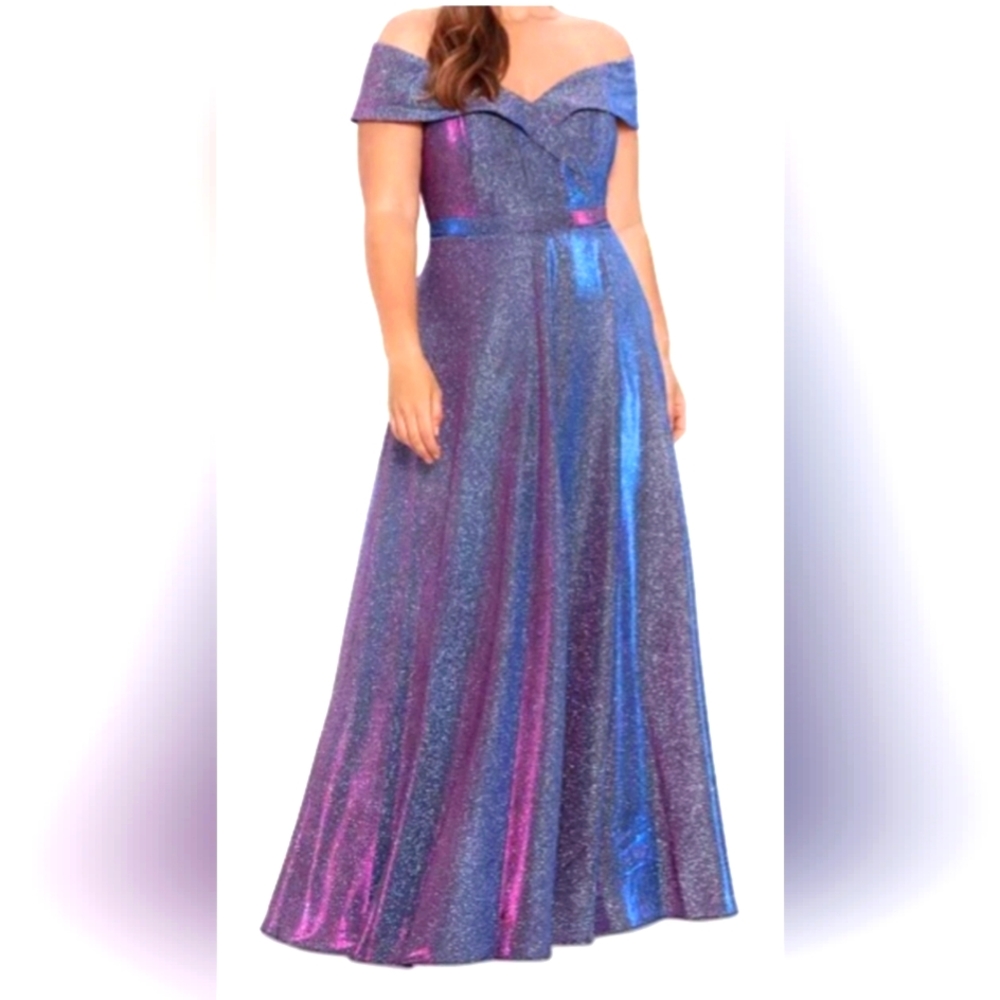 Purple and silver glitter fabric gown. Size 18w. Designer: Xscape